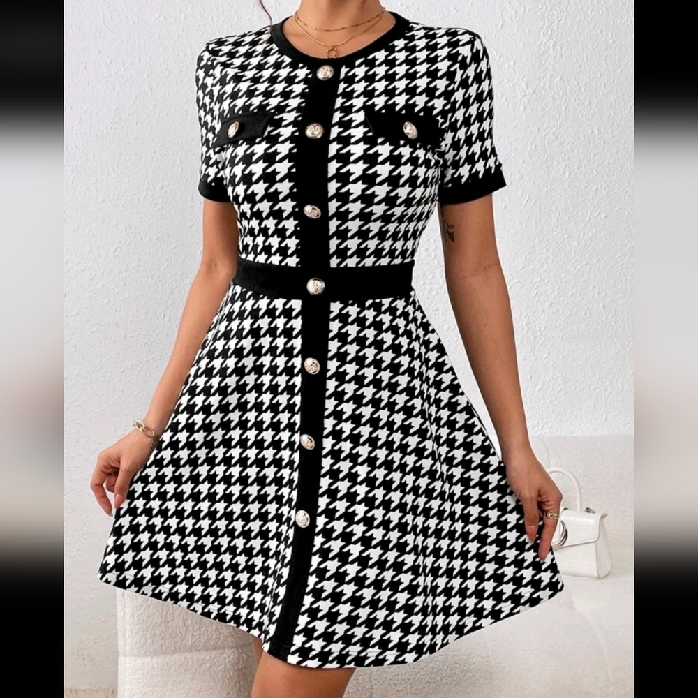 Black and White Houndstooth Midi Dress
